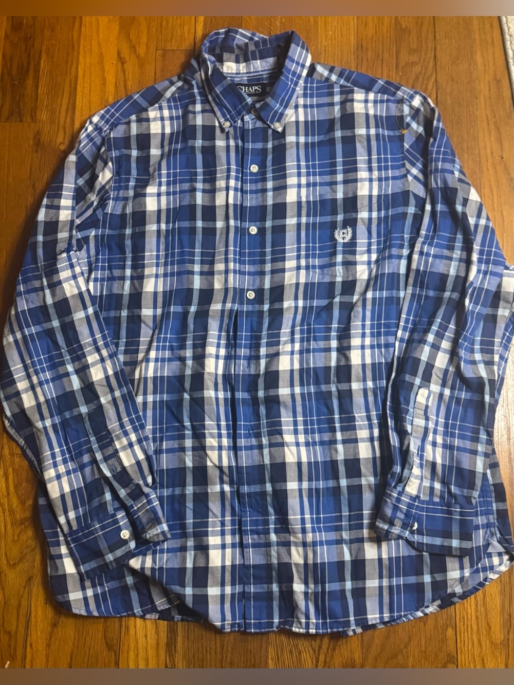 Chaps Blue and White Plaid Button-Down Shirt